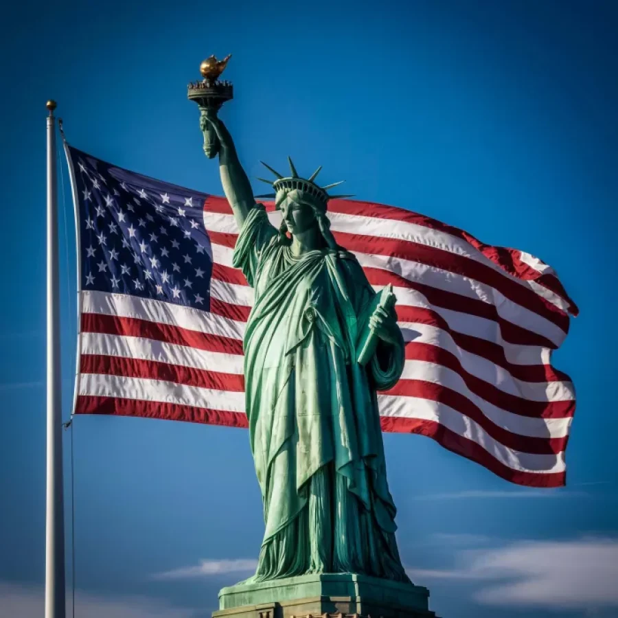 Estatua de la libertad con bandera estadounidense